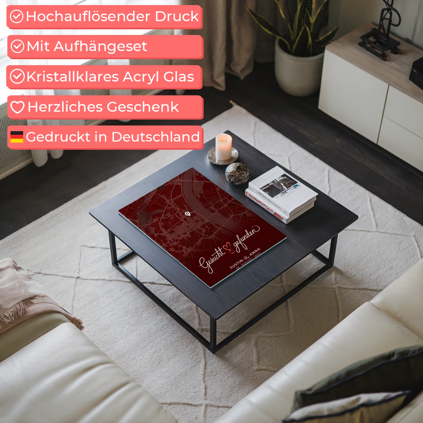 Personalisiertes Liebes Acrylglas Bild Paare Stadtkarte Rot Gesucht Gefunden