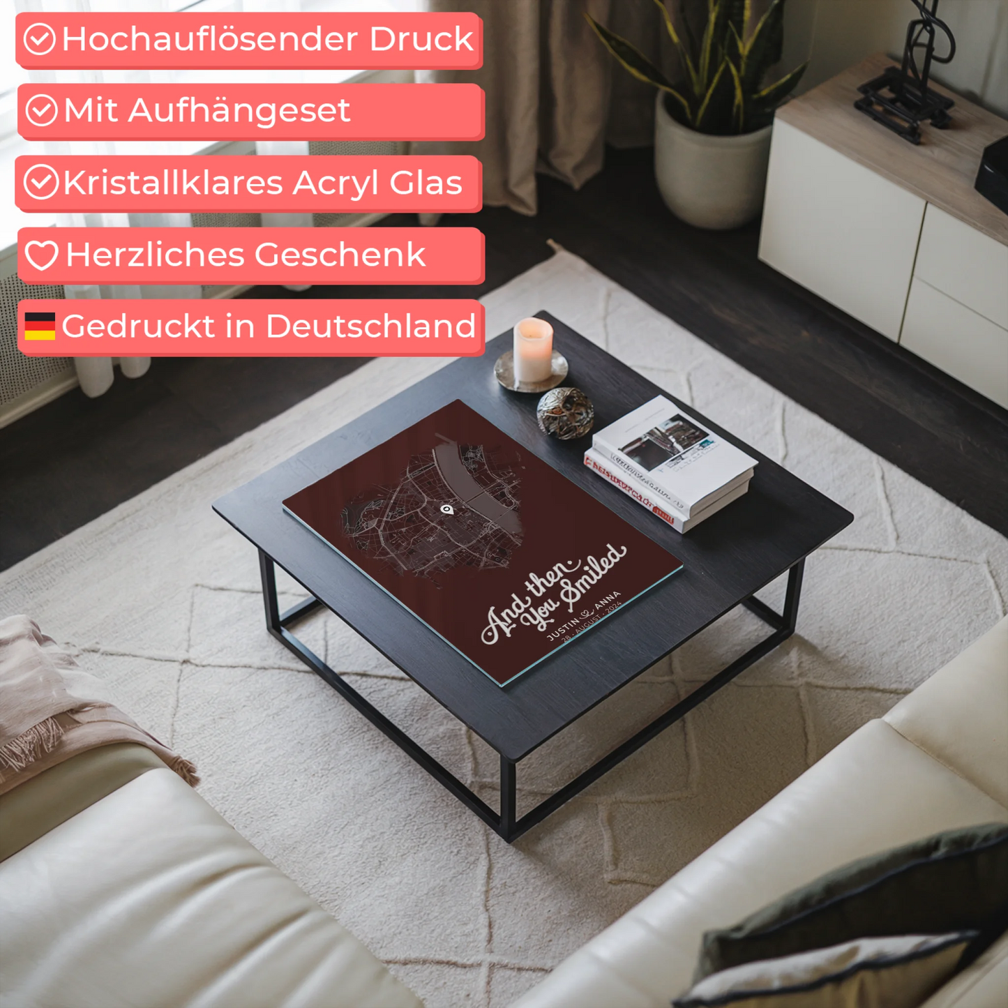 Personalisiertes Acrylglas Bild Paare Stadtkarte Herzform And Then You Smiled