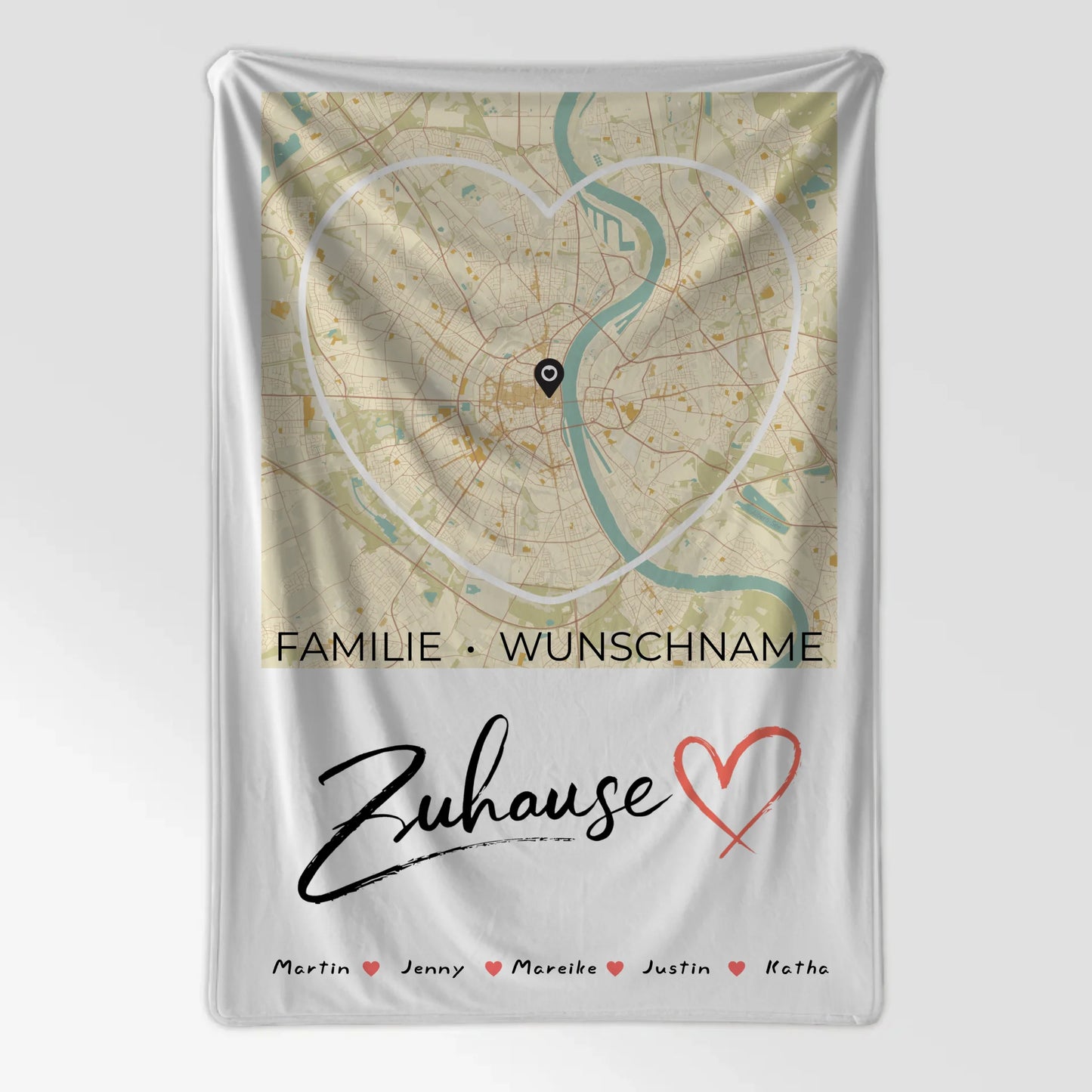 Personalisiertes Zuhause Decke mit Spruch Familie Stadtkarte Herzform