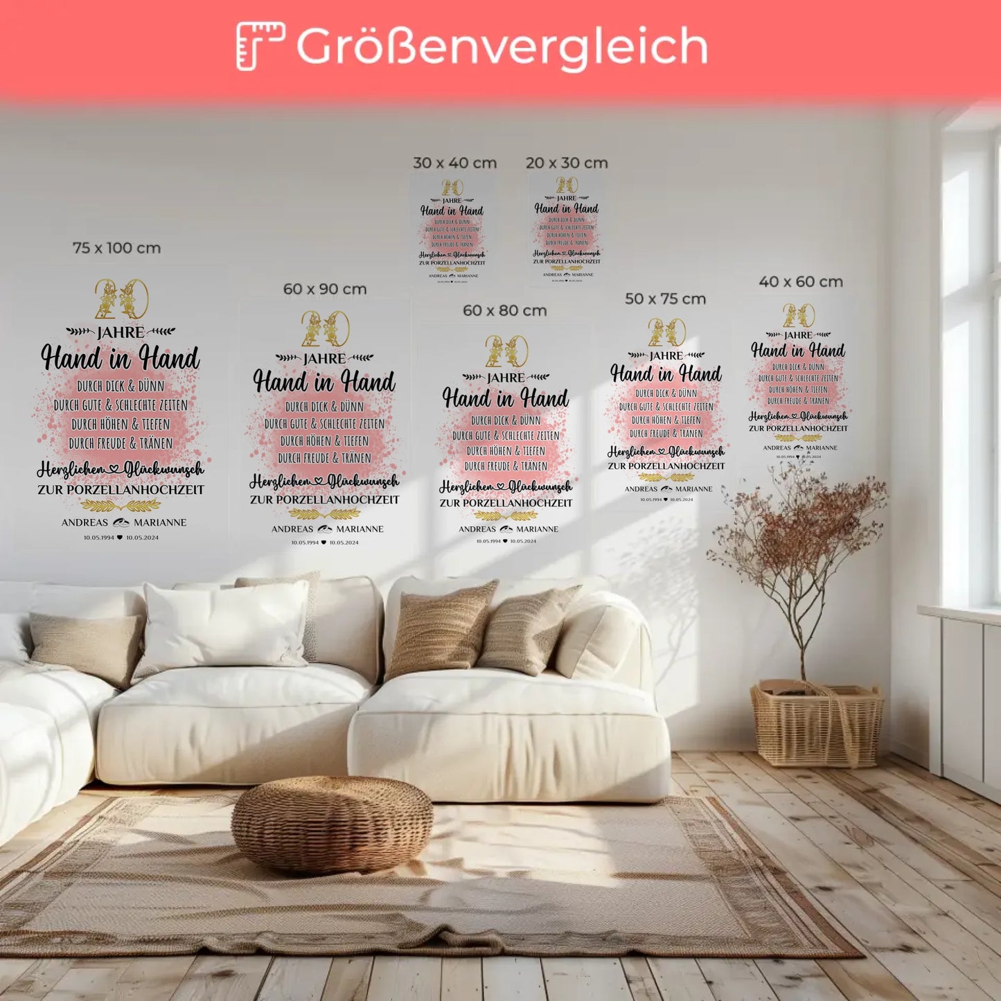 Leinwand Geschenk zum 20 Hochzeitstag zur Porzellanhochzeit mit Namen