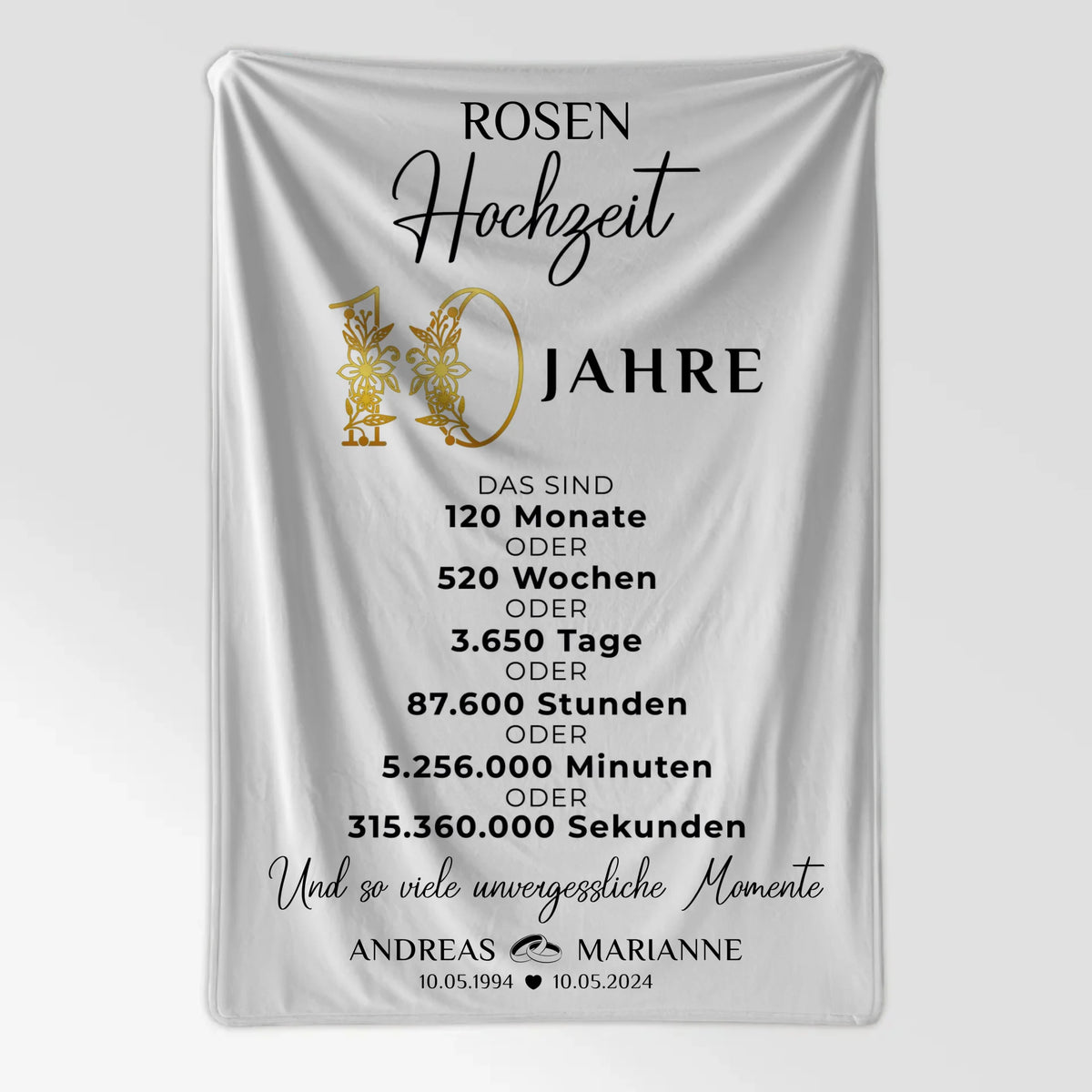 Personalisierte Decke Geschenk zur Rosenhochzeit 10 Hochzeitstag Momente Namen Wunschtext