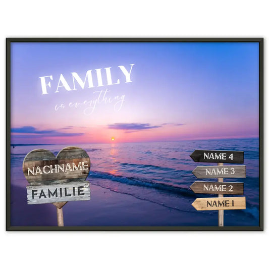 Familienposter mit Namen Wegweiser Strand Sonnenuntergang & Familienspruch