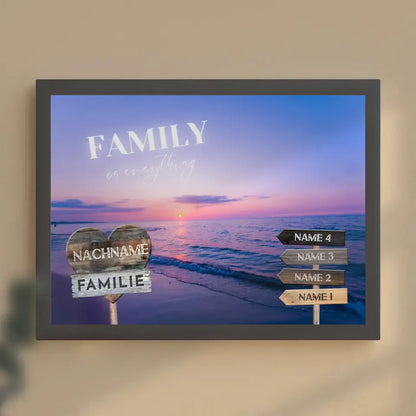 Familienposter mit Namen Wegweiser Strand Sonnenuntergang & Familienspruch