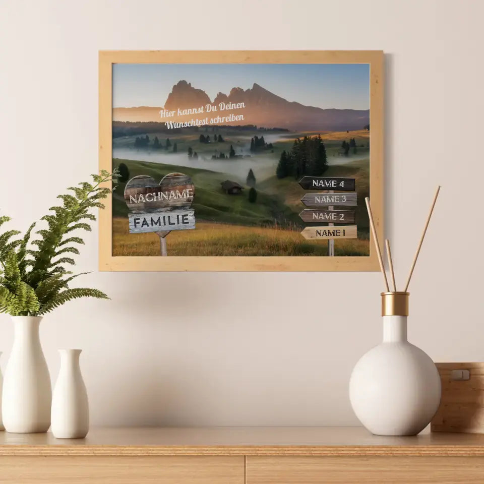 Familienposter mit Namen Wegweiser Nebel Tal & Wunschtext