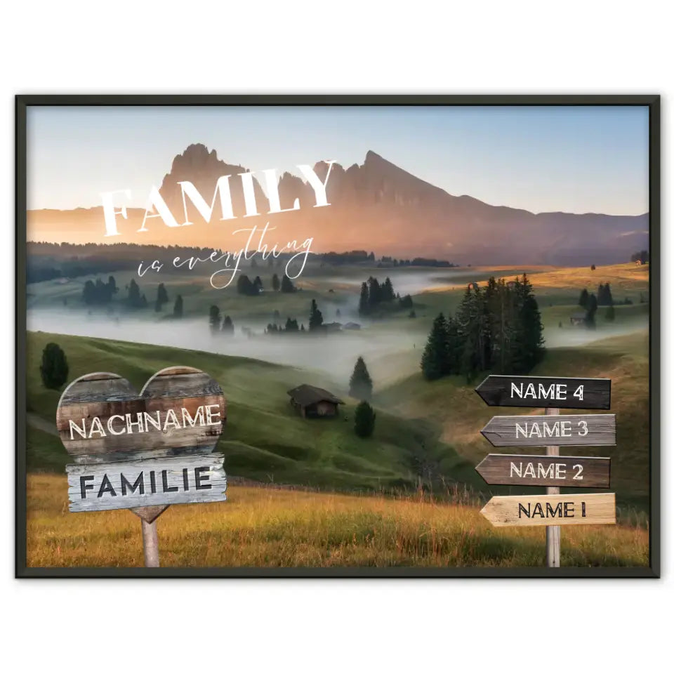 Familienposter mit Namen Wegweiser Berge Sonnenuntergang & Familienspruch