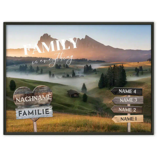 Familienposter mit Namen Wegweiser Berge Sonnenuntergang & Familienspruch