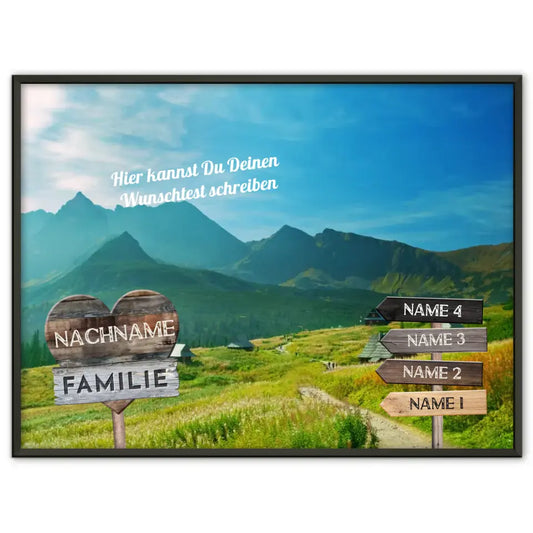 Familienposter mit Namen Wegweiser Grüne Weide & Wunschtext