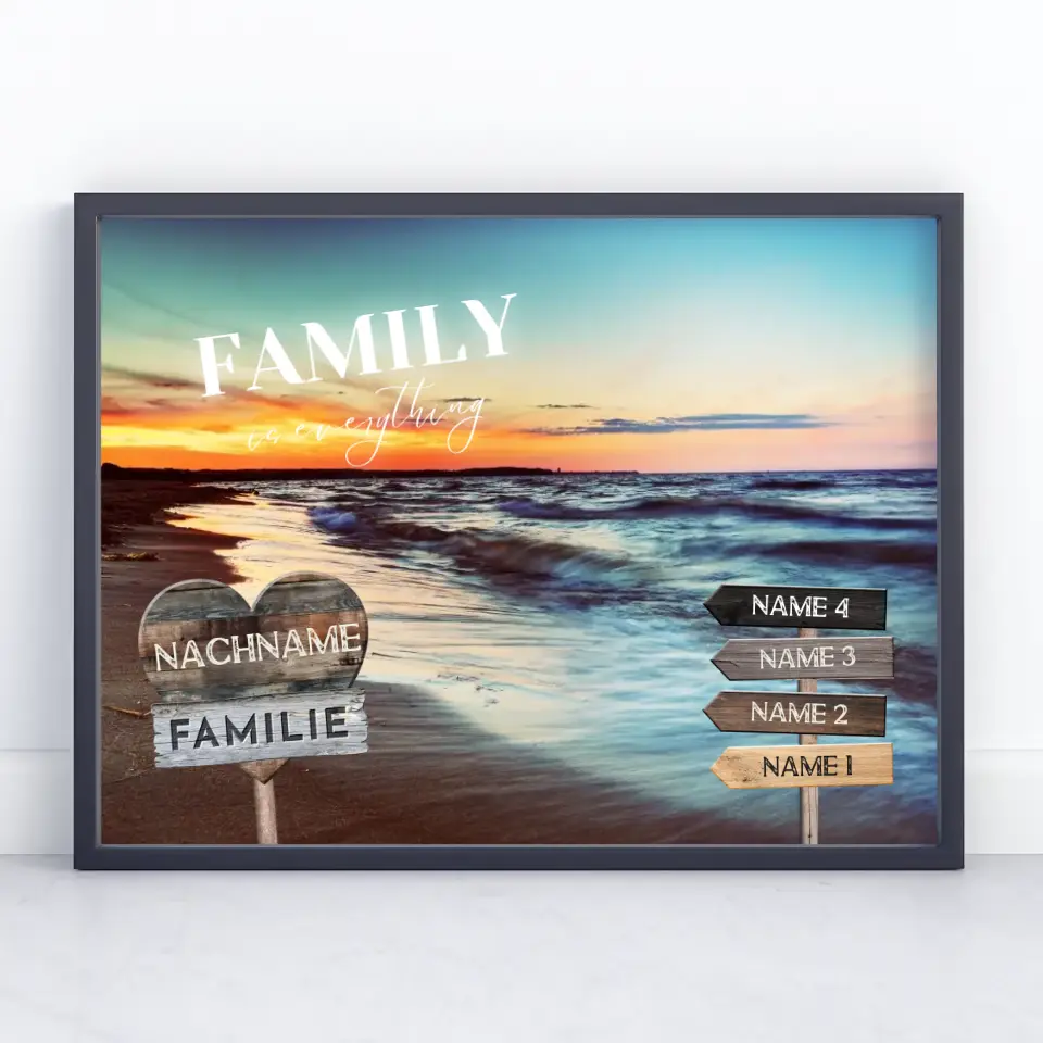 Familienposter mit Namen Wegweiser Sonnenuntergang Strand & Familienspruch