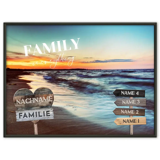 Familienposter mit Namen Wegweiser Sonnenuntergang Strand & Familienspruch