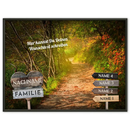 Familienposter mit Namen Wegweiser Waldweg & Wunschtext