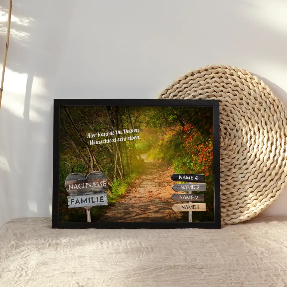 Familienposter mit Namen Wegweiser Waldweg & Wunschtext