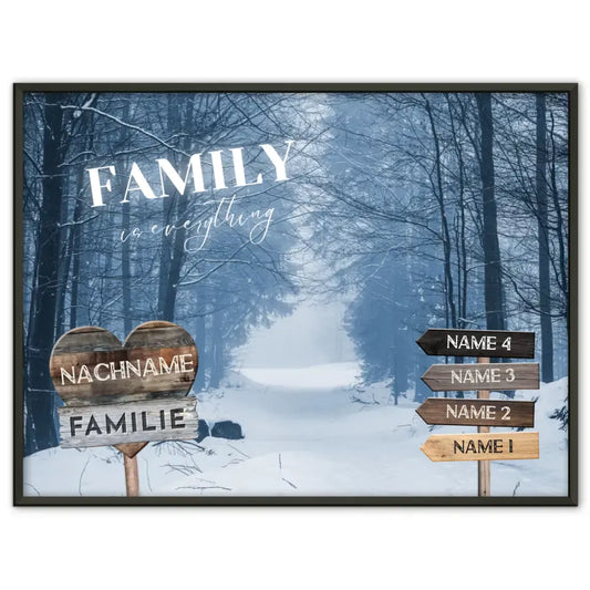 Familienposter mit Namen Wegweiser Winter Allee Schnee & Familienspruch