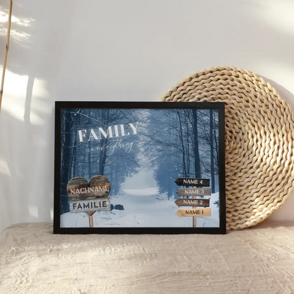 Familienposter mit Namen Wegweiser Winter Allee Schnee & Familienspruch