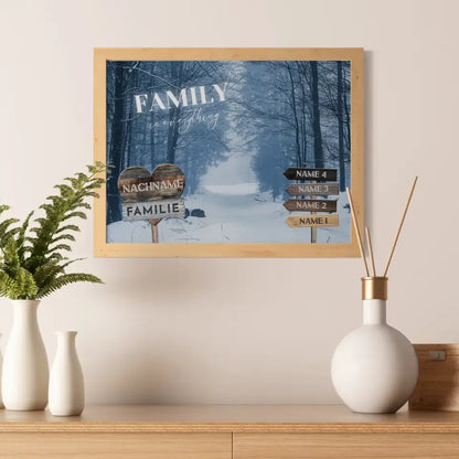 Familienposter mit Namen Wegweiser Winter Allee Schnee & Familienspruch