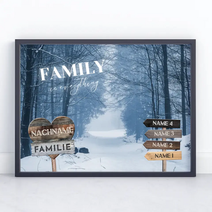 Familienposter mit Namen Wegweiser Winter Allee Schnee & Familienspruch