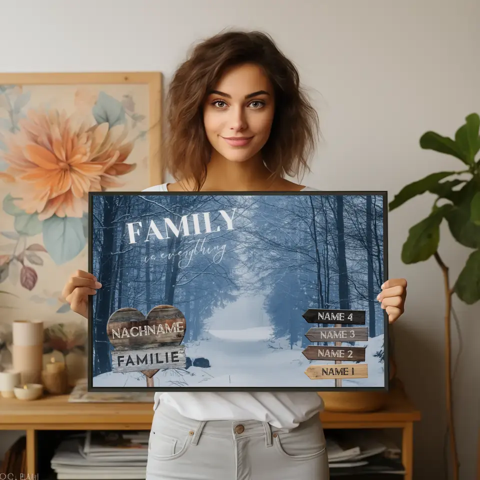 Familienposter mit Namen Wegweiser Winter Allee Schnee & Familienspruch