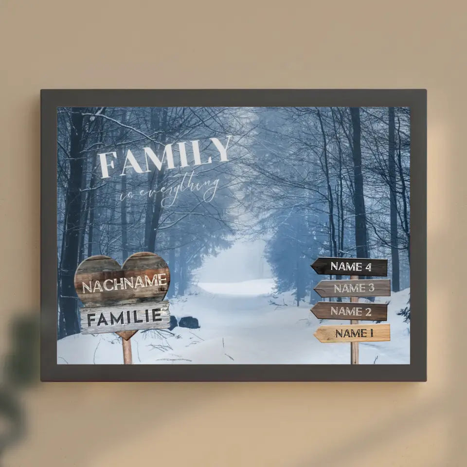 Familienposter mit Namen Wegweiser Winter Allee Schnee & Familienspruch