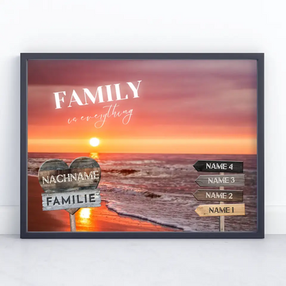 Familienposter personalisiert Wegweiser Strand mit 9 Namen & Familienspruch