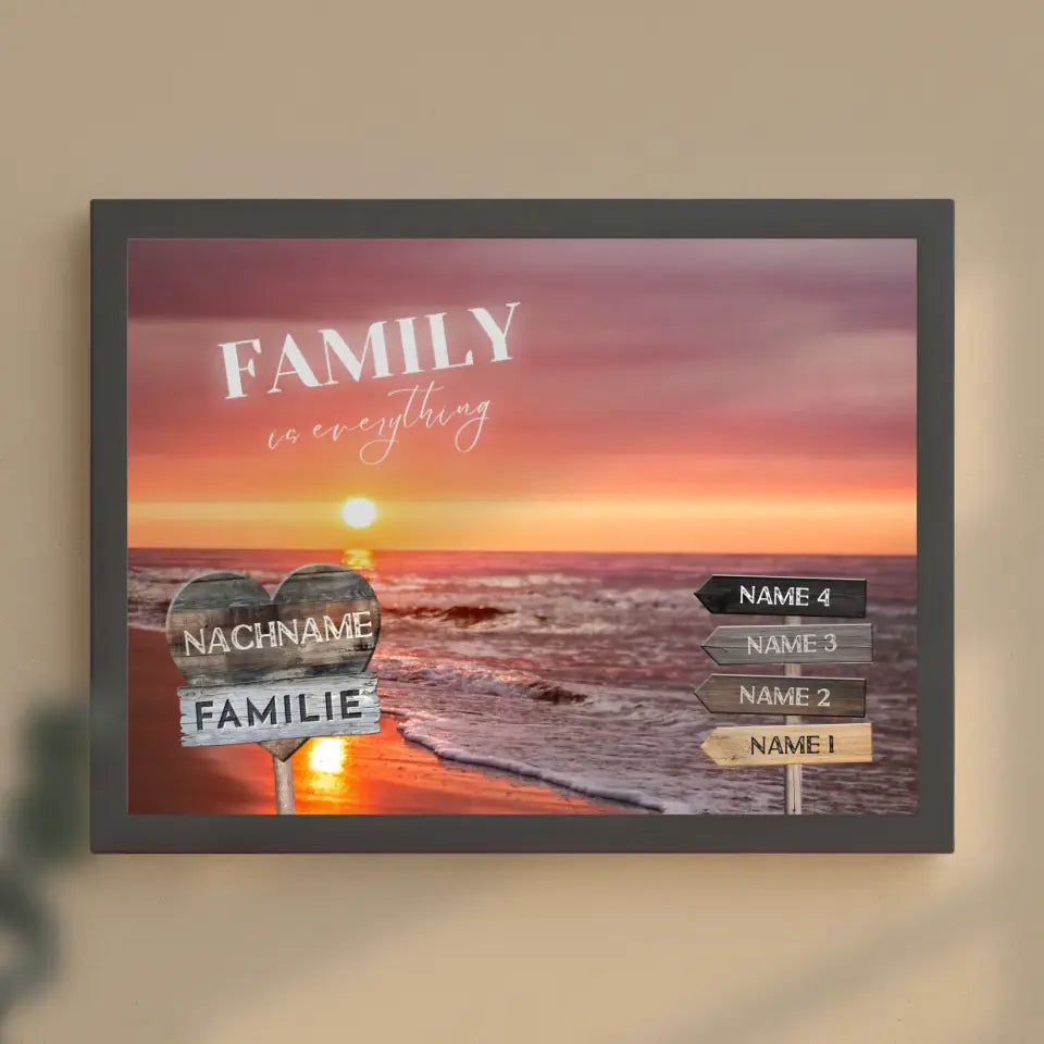 Familienposter personalisiert Wegweiser Strand mit 9 Namen & Familienspruch