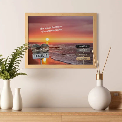 Familienposter personalisiert Wegweiser Strand Sonnenuntergang & Wunschtext