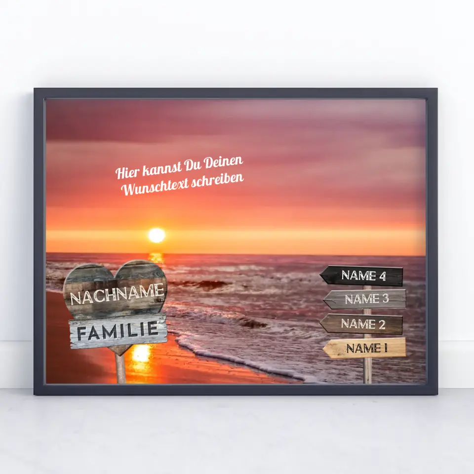 Familienposter personalisiert Wegweiser Strand Sonnenuntergang & Wunschtext