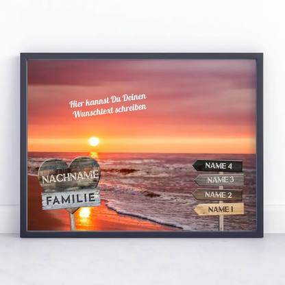 Familienposter personalisiert Wegweiser Strand Sonnenuntergang & Wunschtext