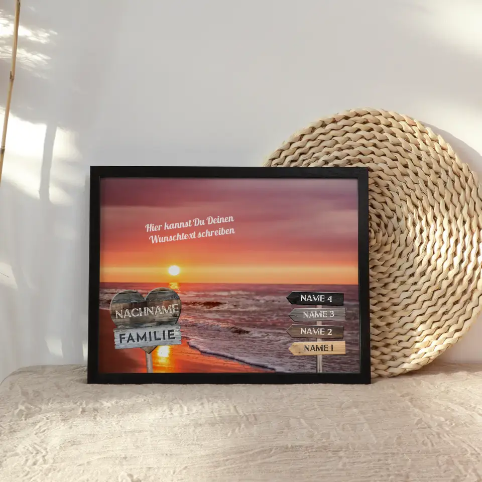 Familienposter personalisiert Wegweiser Strand Sonnenuntergang & Wunschtext