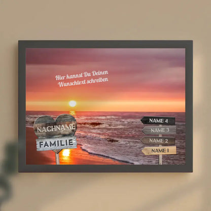 Familienposter personalisiert Wegweiser Strand Sonnenuntergang & Wunschtext