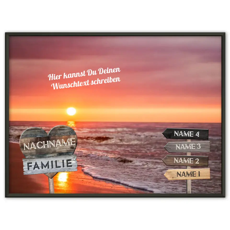 Familienposter personalisiert Wegweiser Strand Sonnenuntergang & Wunschtext