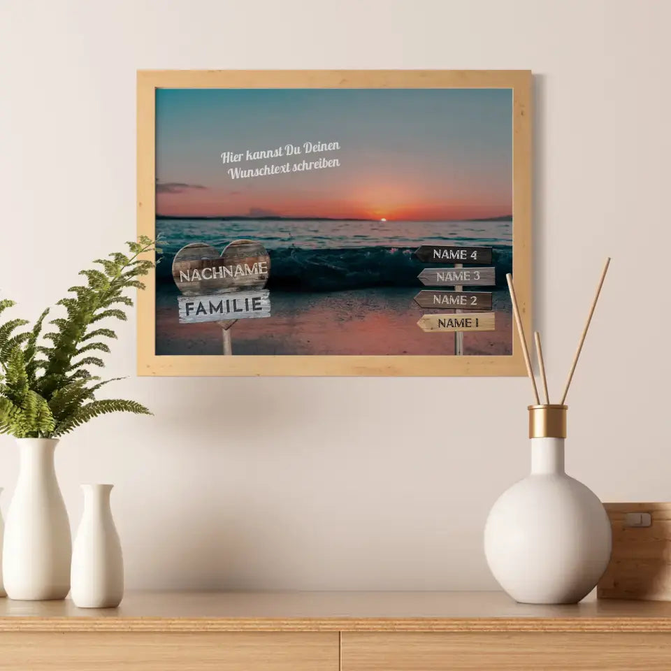 Familienposter personalisiert Wegweiser Strand Sunset & Wunschtext