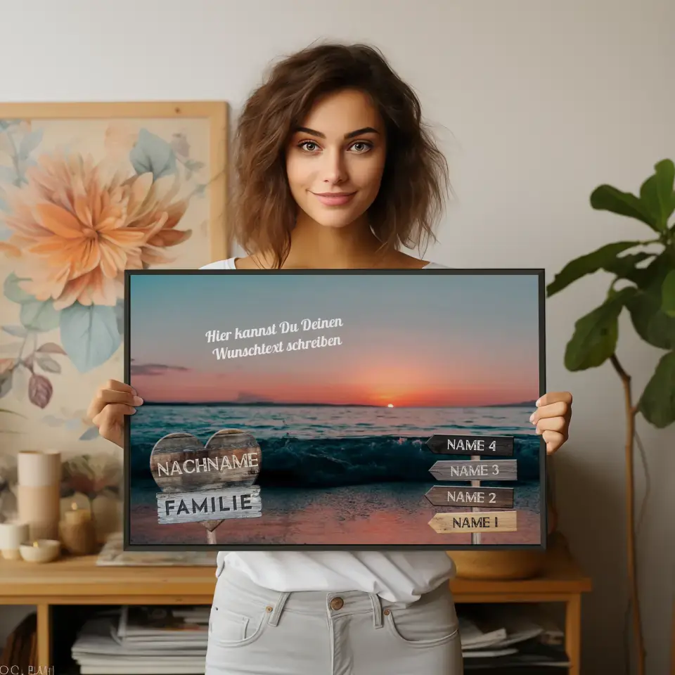Familienposter personalisiert Wegweiser Strand Sunset & Wunschtext