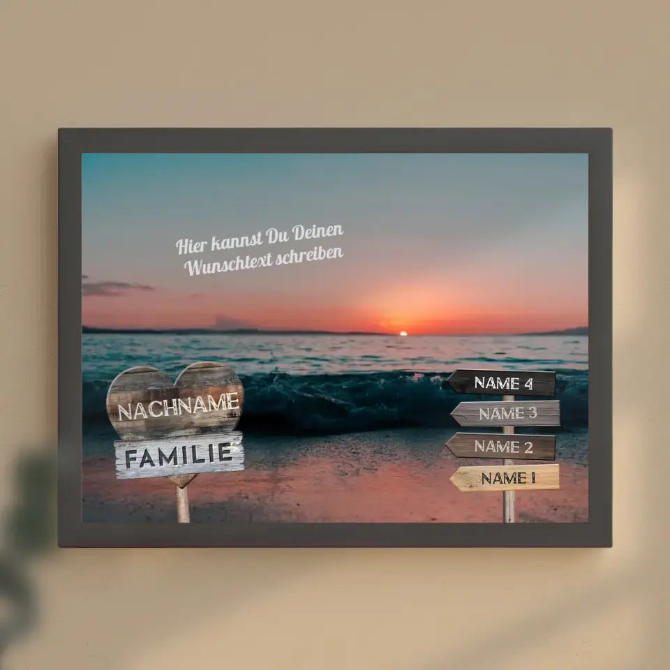 Familienposter personalisiert Wegweiser Strand Sunset & Wunschtext