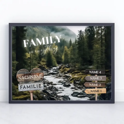 Familienposter personalisiert Wegweiser Wasserfall mit 9 Namen & Familienspruch