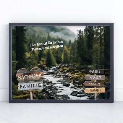 Familienposter personalisiert Wegweiser Wasserfall & Wunschtext