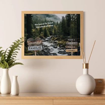 Familienposter personalisiert Wegweiser Wasserfall & Wunschtext