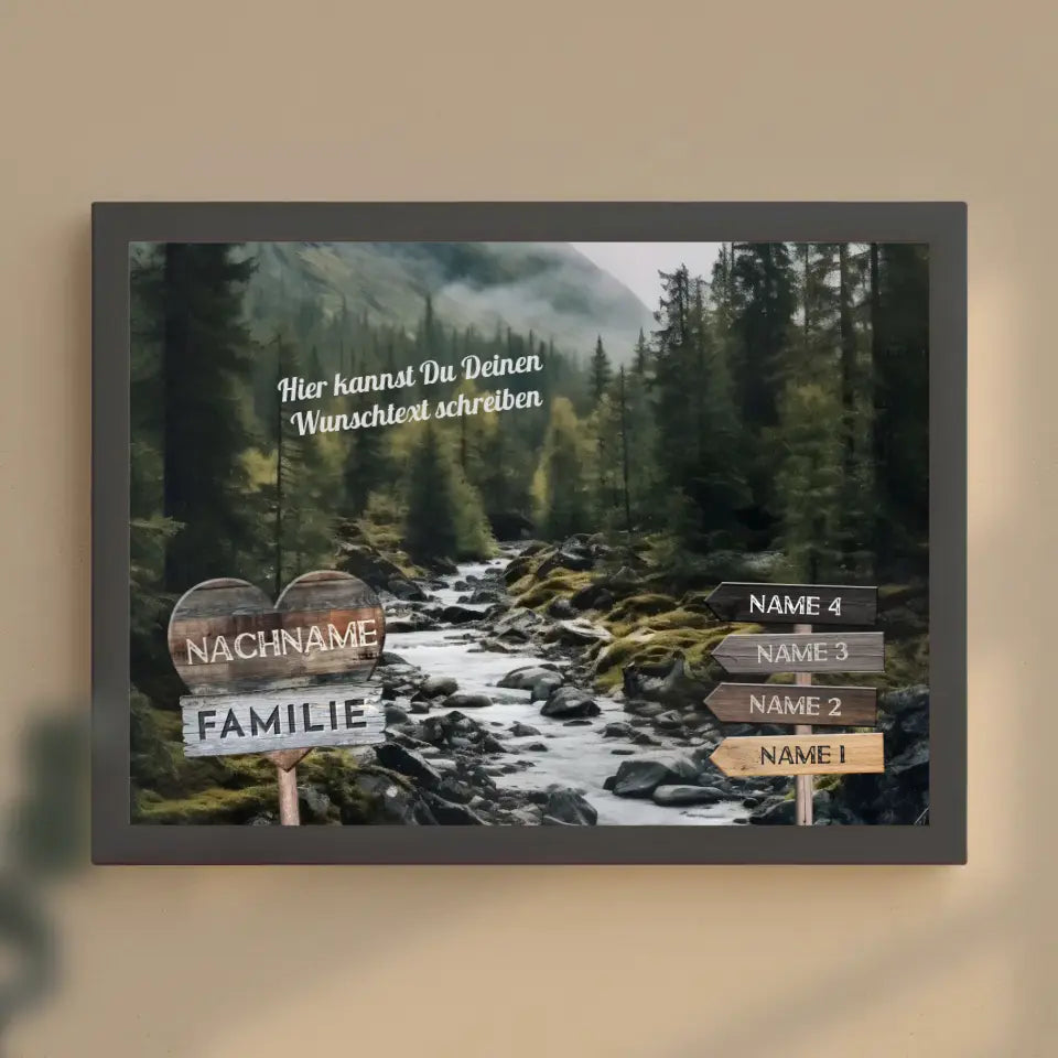 Familienposter personalisiert Wegweiser Wasserfall & Wunschtext