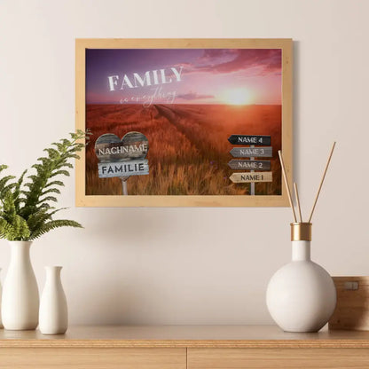 Familienposter personalisiert Wegweiser Sonnenuntergang Feld mit 9 Namen & Familienspruch