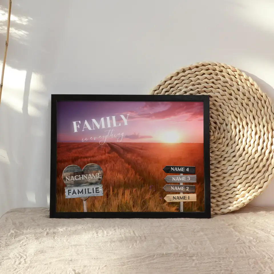 Familienposter personalisiert Wegweiser Sonnenuntergang Feld mit 9 Namen & Familienspruch