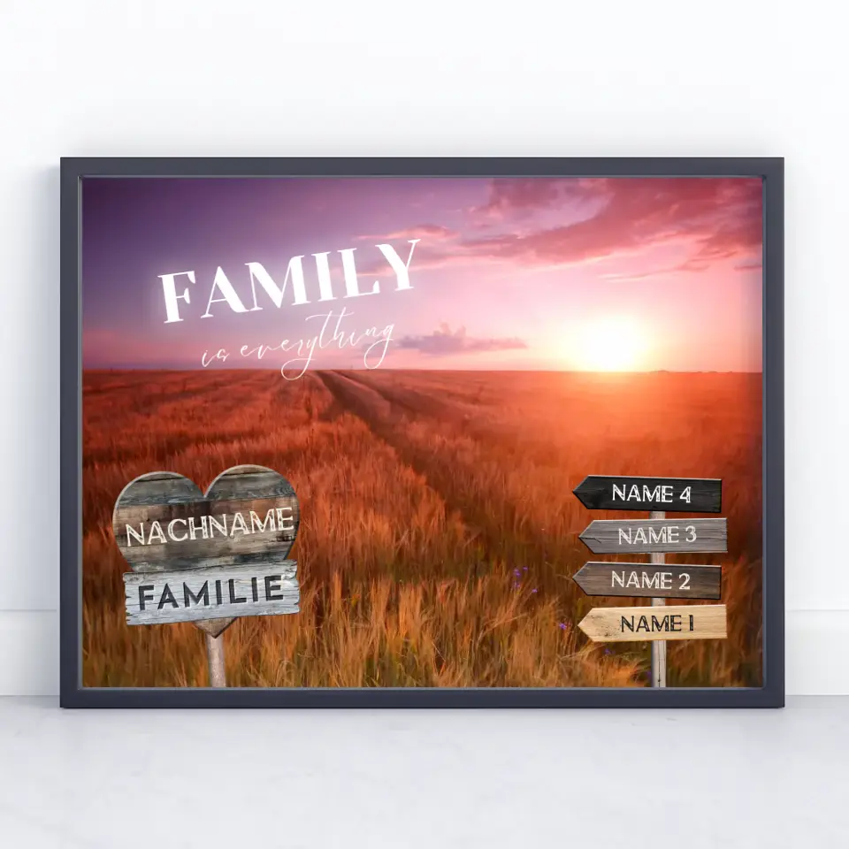Familienposter personalisiert Wegweiser Sonnenuntergang Feld mit 9 Namen & Familienspruch