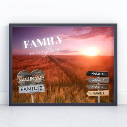 Familienposter personalisiert Wegweiser Sonnenuntergang Feld mit 9 Namen & Familienspruch