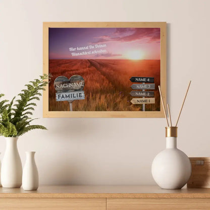 Familienposter personalisiert Wegweiser Sonnenuntergang Feld & Wunschtext