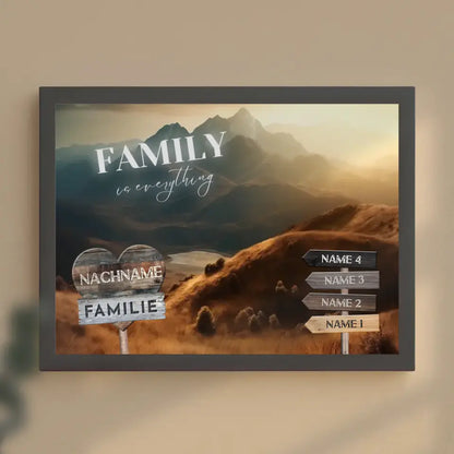 Familienposter personalisiert Wegweiser Berge mit 9 Namen & Familienspruch