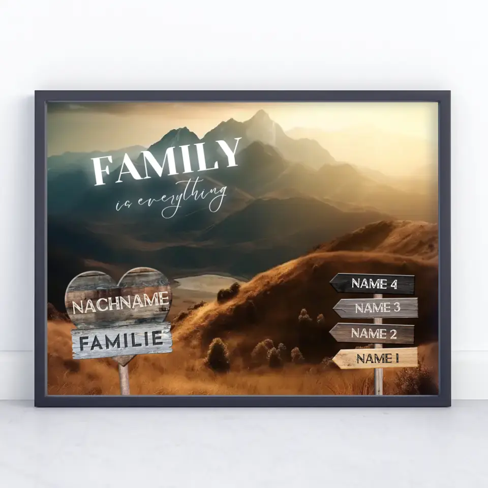 Familienposter personalisiert Wegweiser Berge mit 9 Namen & Familienspruch