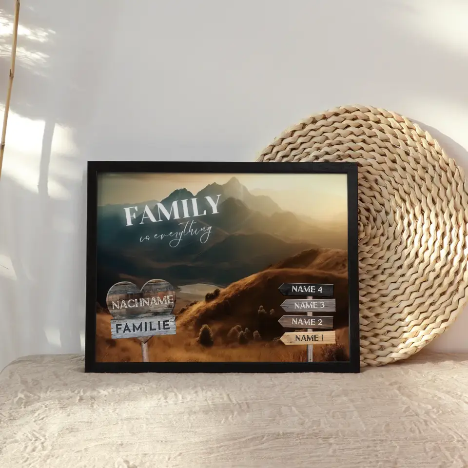 Familienposter personalisiert Wegweiser Berge mit 9 Namen & Familienspruch