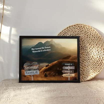 Familienposter personalisiert Wegweiser Berge & Wunschtext