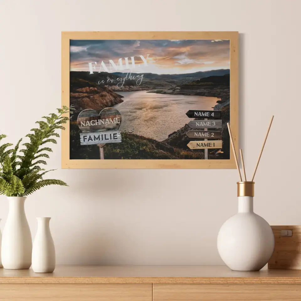 Familienposter personalisiert Wegweiser Bergsee mit 9 Namen & Familienspruch