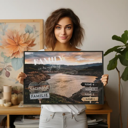 Familienposter personalisiert Wegweiser Bergsee mit 9 Namen & Familienspruch