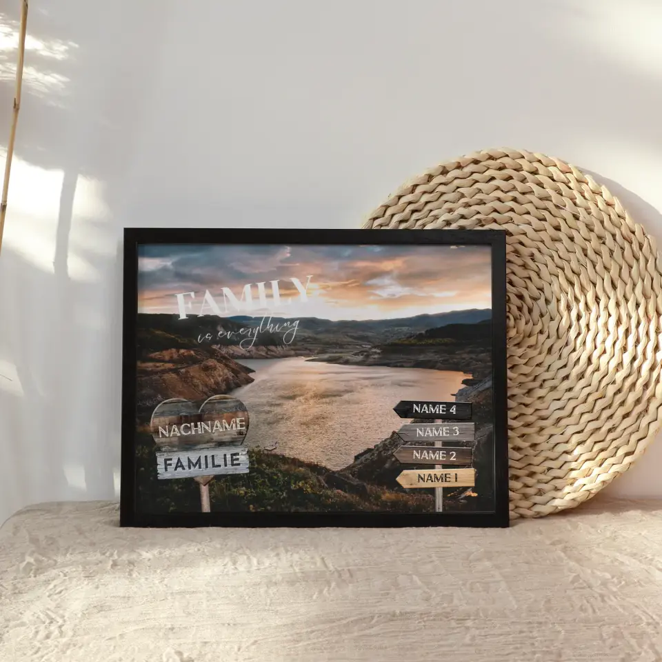 Familienposter personalisiert Wegweiser Bergsee mit 9 Namen & Familienspruch