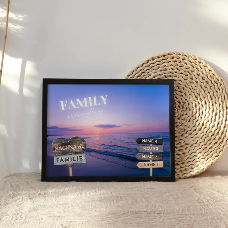 Familienposter personalisiert Wegweiser Sonnenuntergang Lila mit 9 Namen & Familienspruch