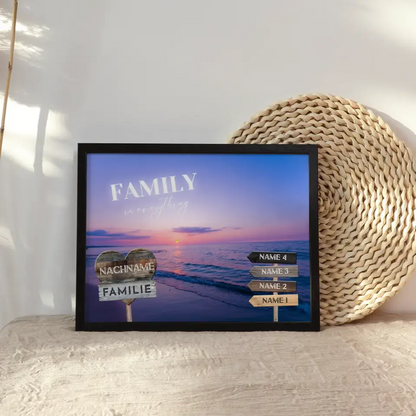 Familienposter personalisiert Wegweiser Sonnenuntergang Lila mit 9 Namen & Familienspruch